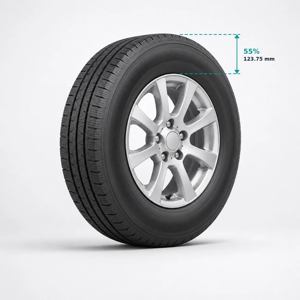 225/55R17: 55% aspect ratio, 123.75 mm sidewall