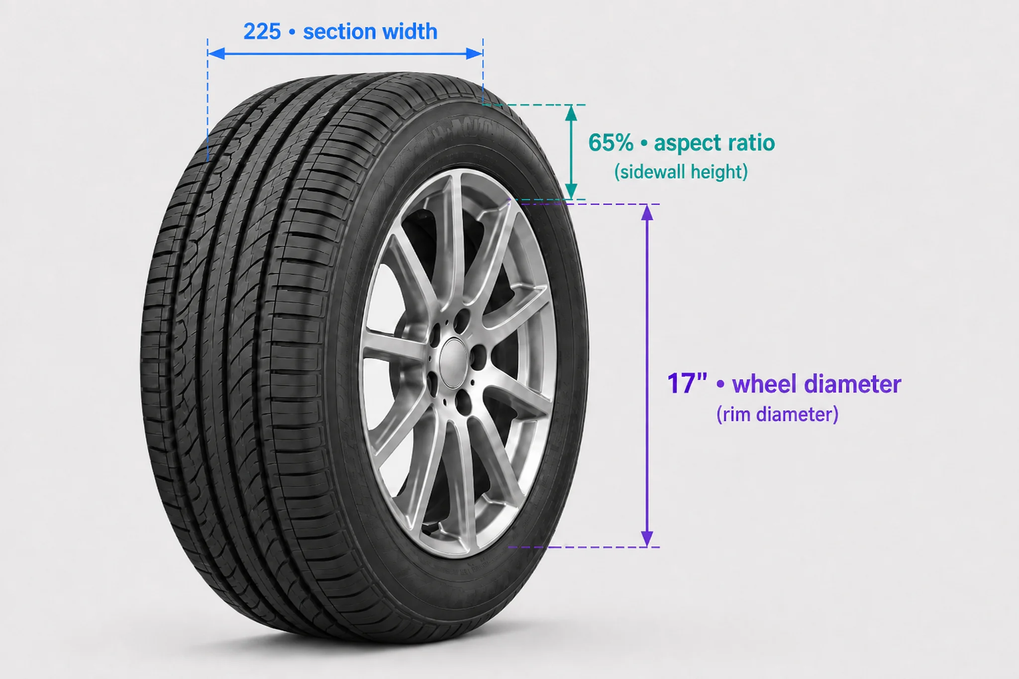 Mounted tire showing section width, sidewall height and wheel diameter