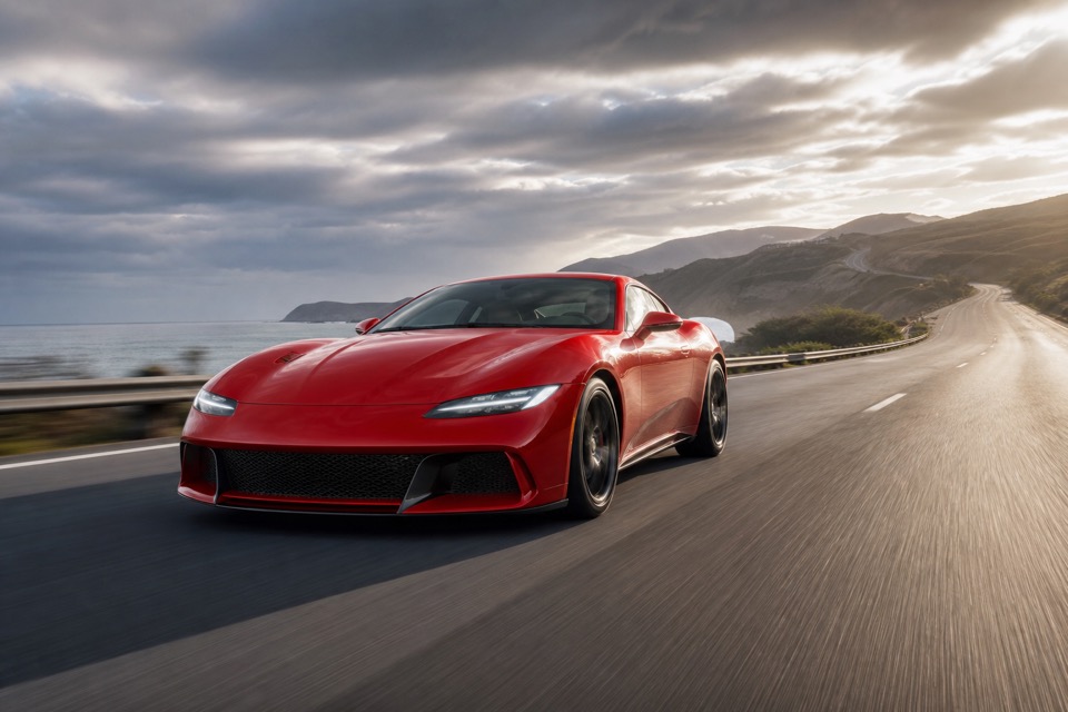 Sports car on an open road for performance tire planning