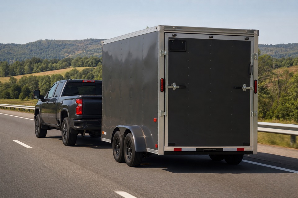 Pickup truck towing a trailer on the highway